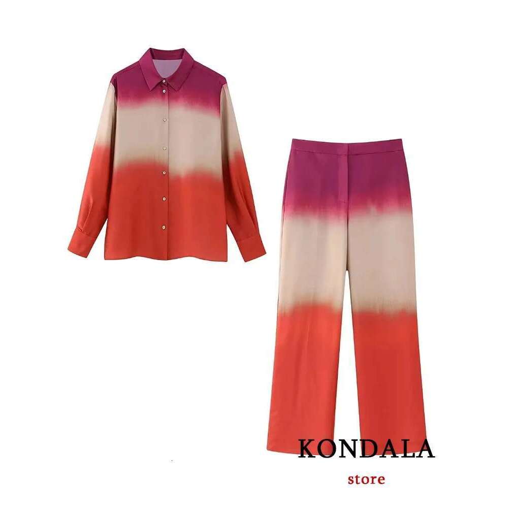 TRAFZA Vintage Red Tie Dye Suits Women Long Sleeve Loose Shirts+High Waist Wide Leg Pants Fashion 2024 Summer Holiday Sets