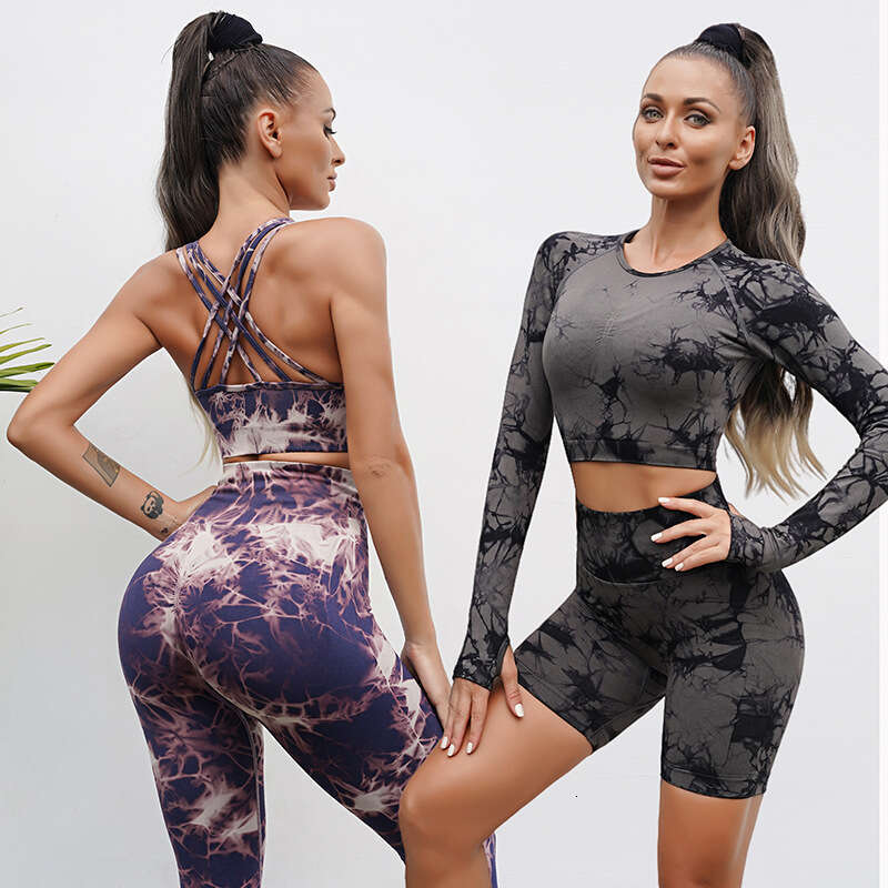 Peach Hip Tie Dyeing Clothes Naked Sensation Grinding Sports Sleeve Fiess Long Pants Yoga Set for Women 2025 New Style, Unique and Elegant Clothing