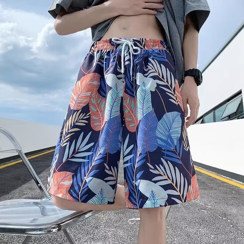 Beach men's summer thin quick drying swim trunks, trendy printed large shorts, loose sleeping pants, casual cropped pants
