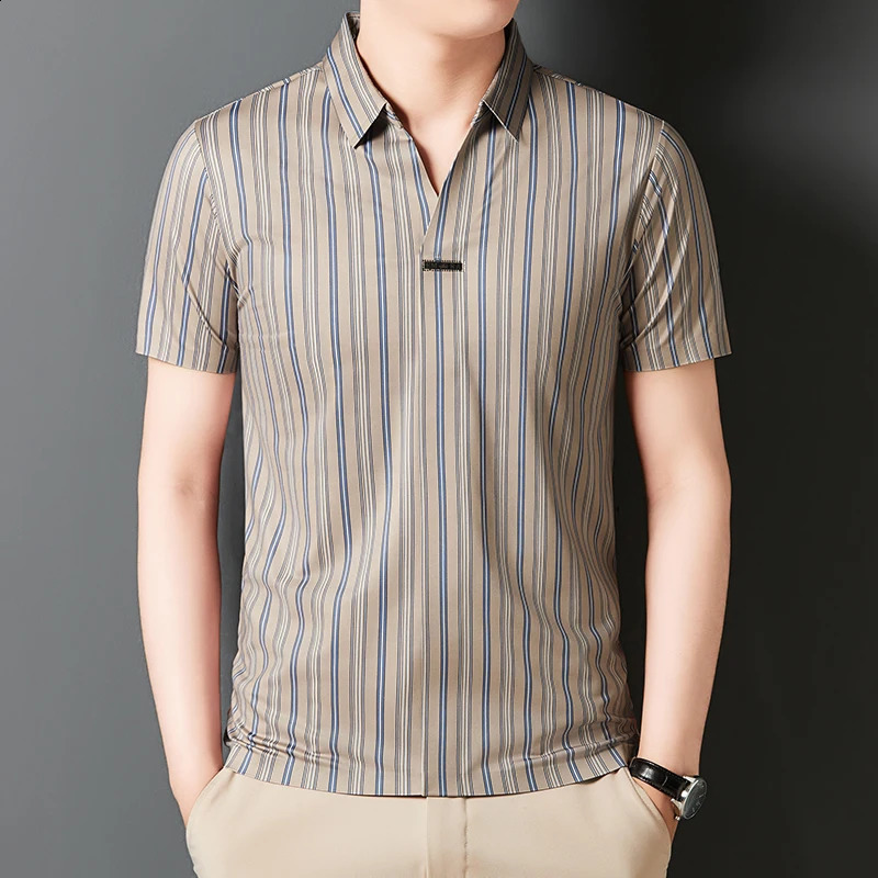 High end silk short sleeved T-shirt striped printed polo shirt business casual er cut collar resistant top 250422