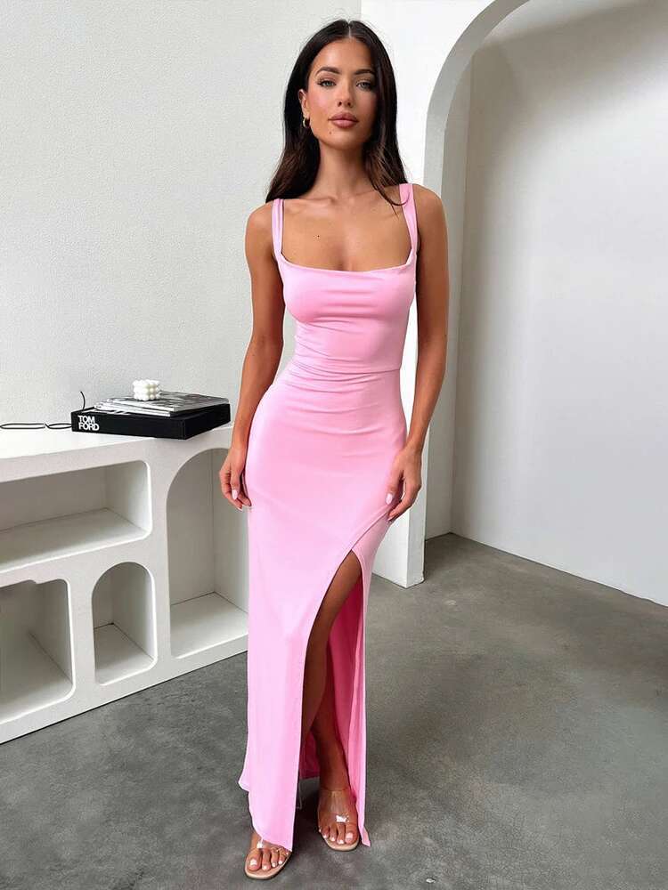 Dongdumaoyi Townlike Elegant Maxi Long Dress Women Spaghetti Strap Spring Summer High Split Backless Sexy Party Dresses