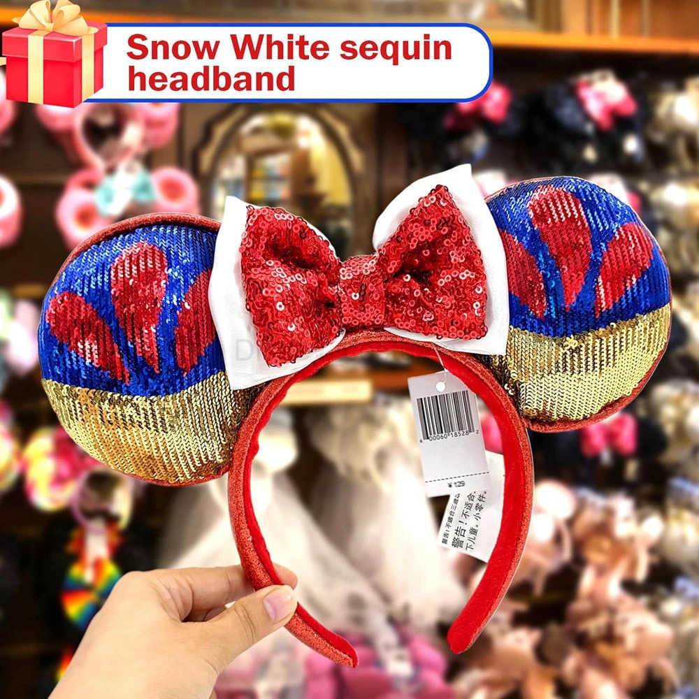 Disney 2025 Disney Mickey Headband Princess Rapunzel Snow White Sparkling Bow Gift Girls Christmas Accessories Sally Jack X250425