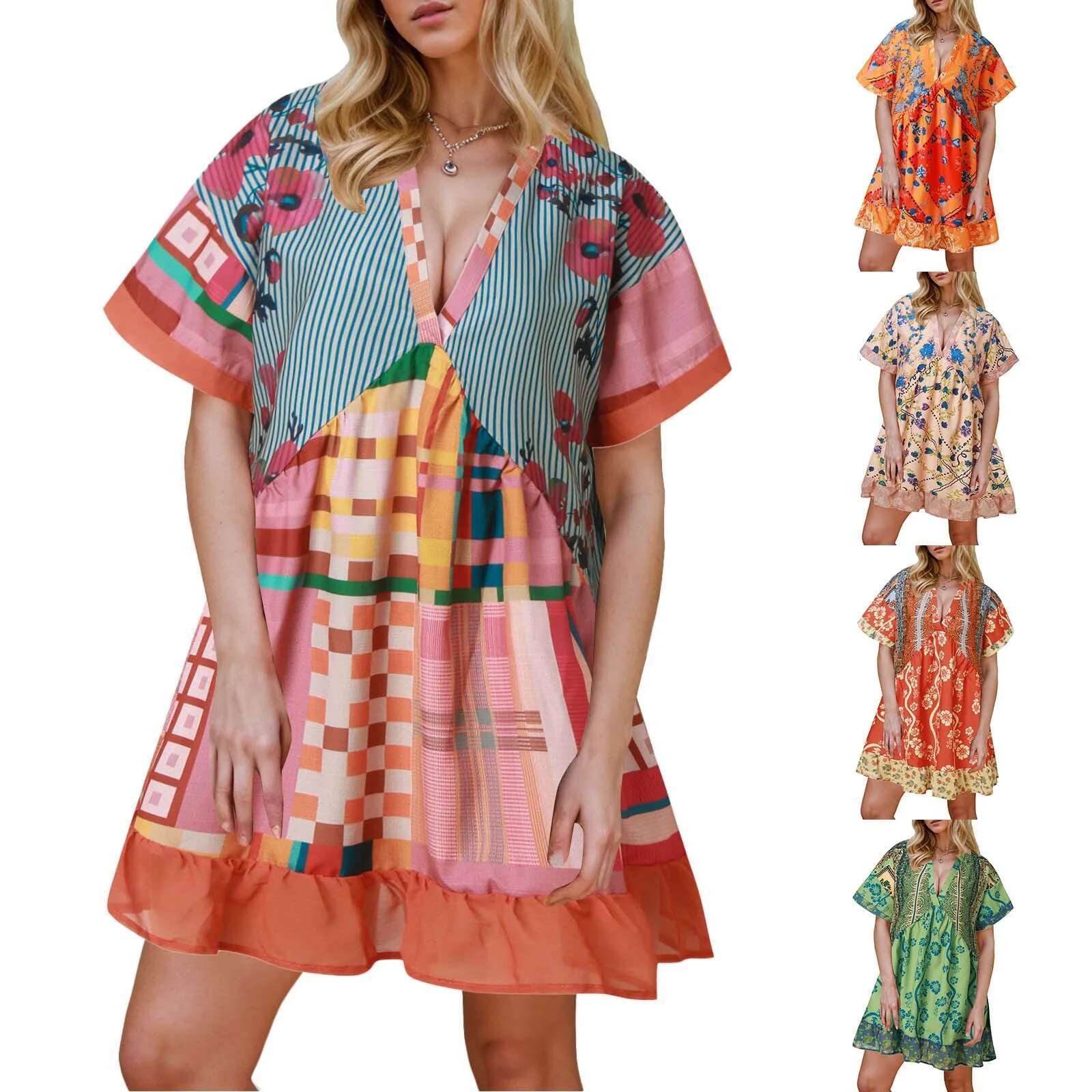 Dongdumaoyi Women S Summer Fairycore Grunge Dress Bohemian Floral Print Short Sleeve V Neck Flowy Sundress Beachwear Vestido