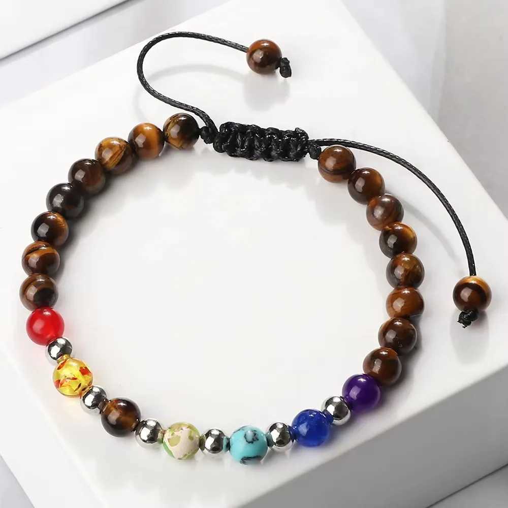 New Budda 7 Chakra Natural Stone Braided Bracelet 6mm Black Gallstone Black Line Lava Beads Bangle Chain Adjustable Jewelry Gift J251125