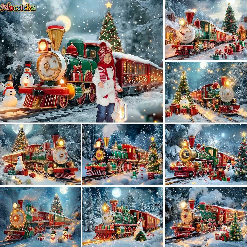 Christmas Colorful Train Background Photography New Years Eve Snowman Xmas Tree Gift Backdrop Booth Kids Winter Birthday PhotoM251125