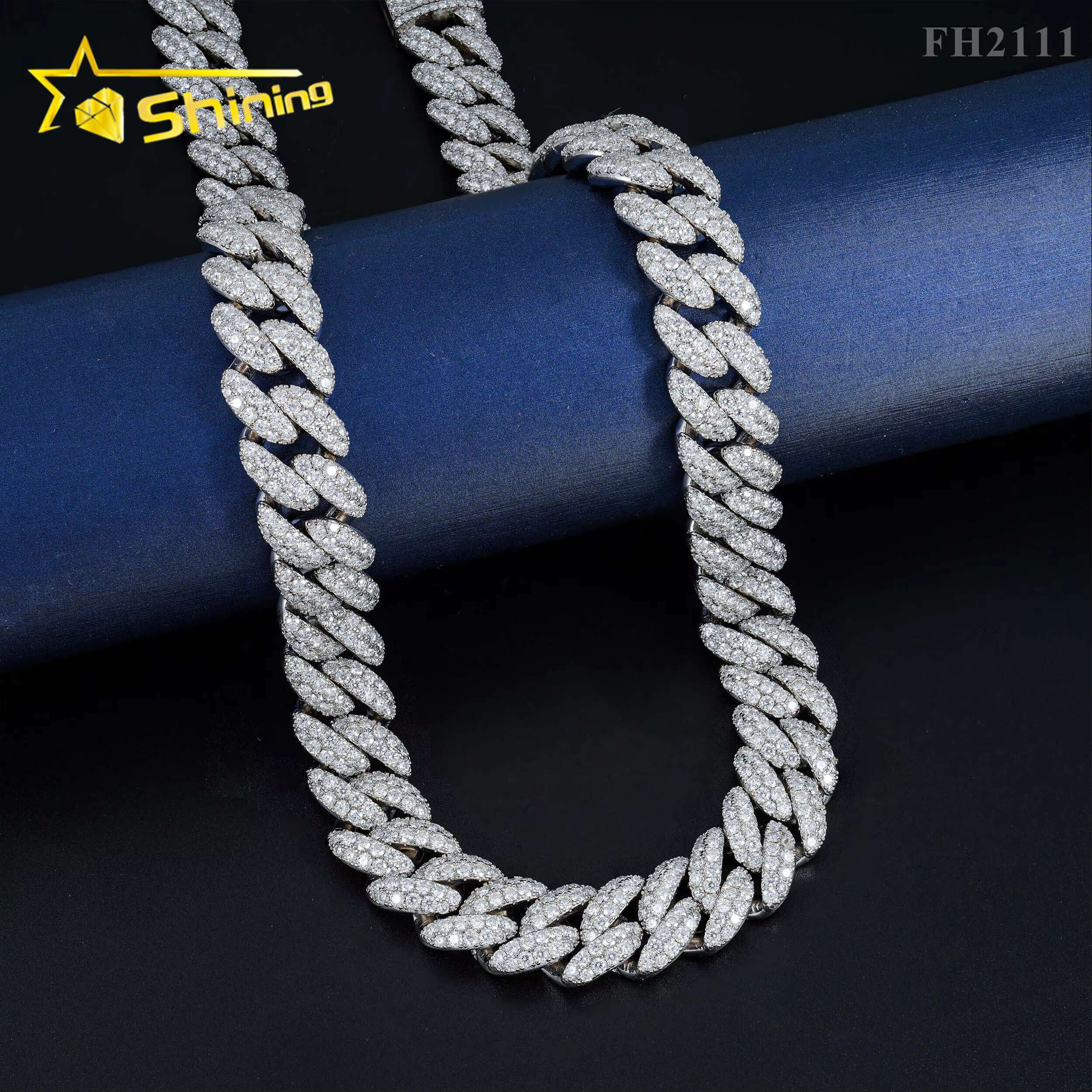 Hip Hop Fine Jewelry Factory Direct Sell 15MM Iced Out 925 Sterling Silver White Gold Plated Moissanite Cuban Link Chain Men