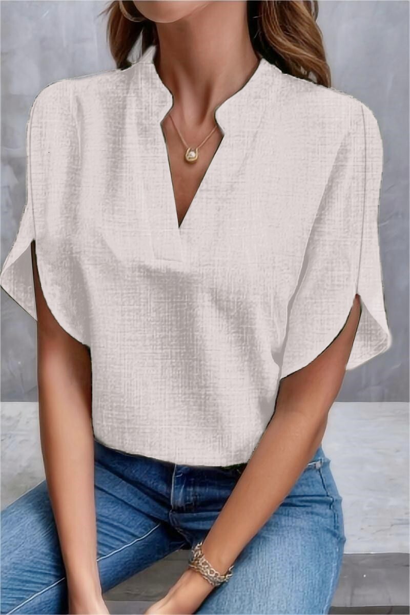 Womens 2024 summer solid color V-neck off shoulder loose linen shirt top for women