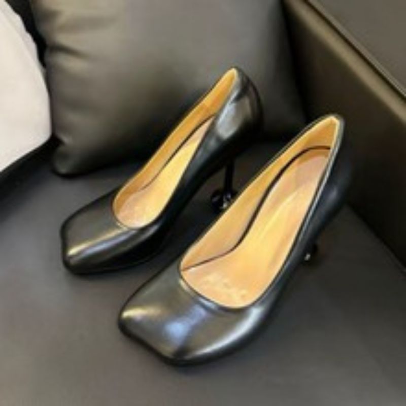 Women's Black Square Toe Patent Leather Stiletto Heels, Unique Decorative Heel Elegant Office & Evening Dress Shoes--168-5