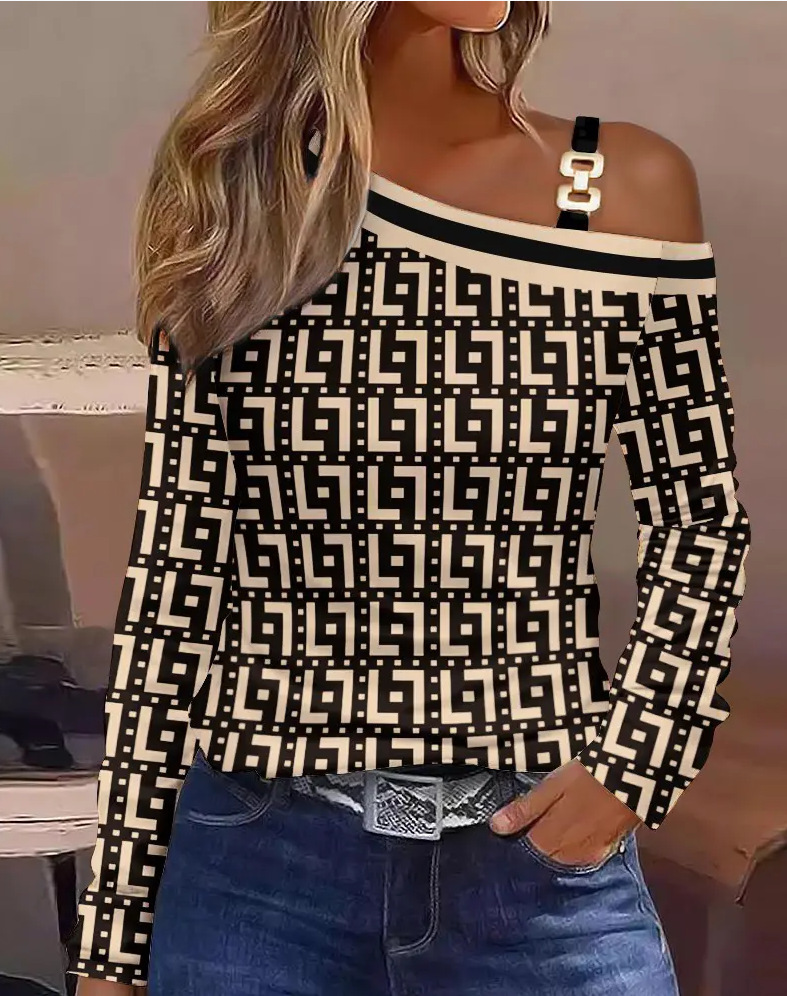 2023 Autumn Simple Metal Buckle Oblique Shoulder Collar Shirt Womens Wear