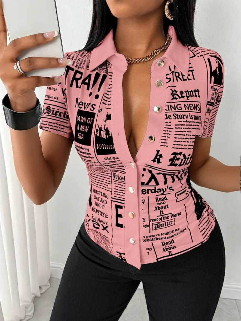 2025 Summer Fashion Newspaper Printed Single breasted V-neck Shirt for Women