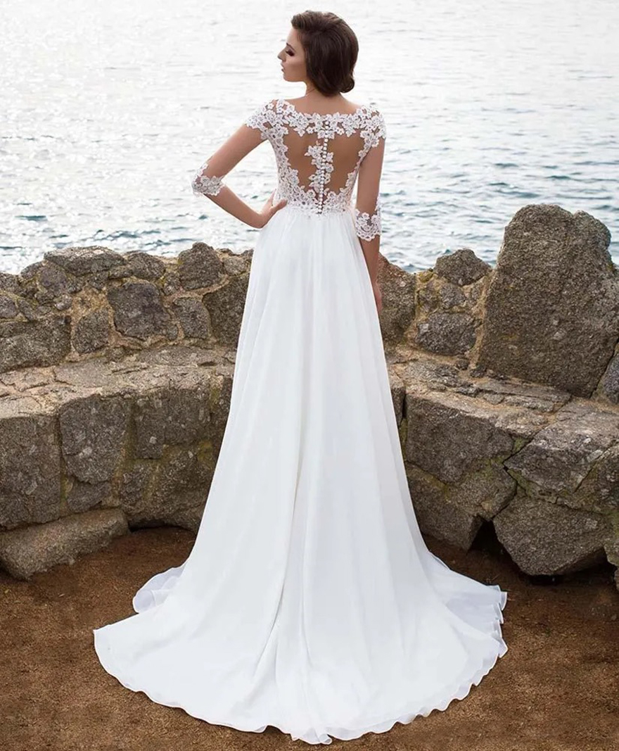 Amazing Beach Sexy Dresses A Line Scoop Neck Lace Applique Sleeves High Side Split Bridal Gowns Sweep Train Wedding Dress Pplique