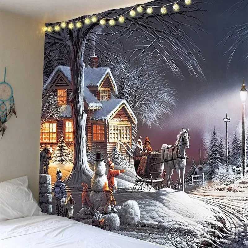 HD-Santa Tree Snowman Tapestry Festive Christmas Wall Hanging with TSymbolic Design Art for Hippie Dorm or Home DecorM251125