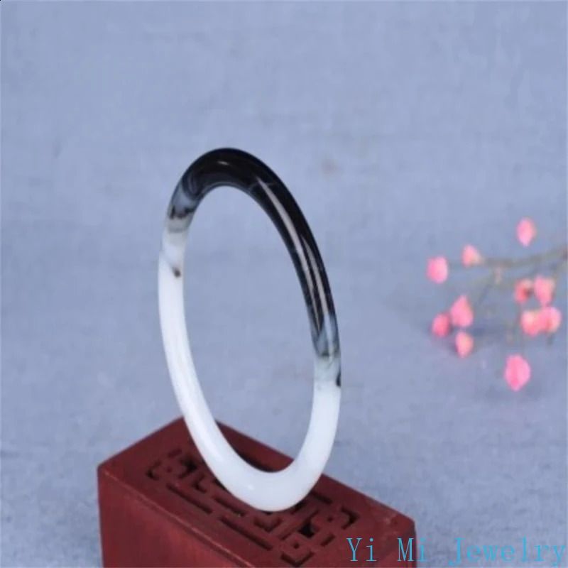 Natural Hetian Jade Bracelet Black White Flowers Charm Fashion Retro Fine Jewelry Elegant Girl Couple Bangle Holiday Gift 250424