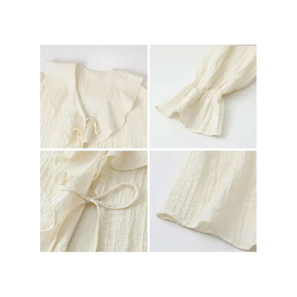CHIC VEN Women Shirt Loose Casual Ruffled Edges Female Blouses V Neck Lace Up Mid Length Woman Shirts Spring Summer 2024
