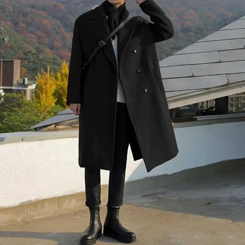2025 Spring Medium Length Coat Men Fashion Woolen Trench Coats Korean Loose Casual Double Breasted JacketsT251125