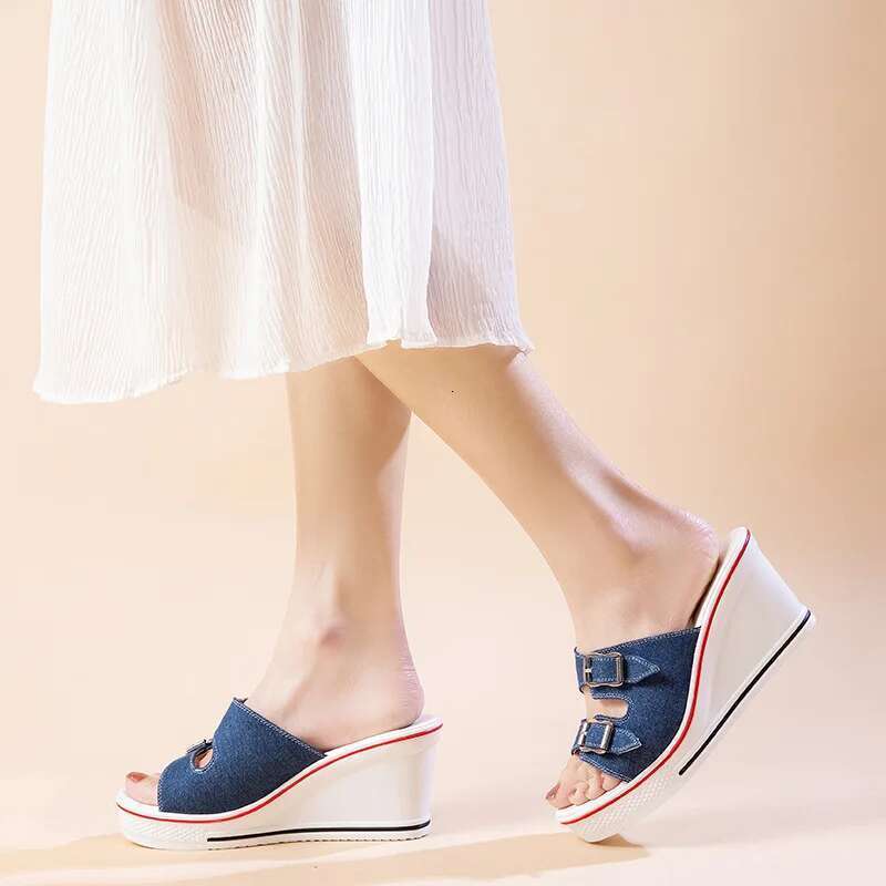 Summer new muffin thick-sole heightened wedge canvas slippers casual large-size waterproof platform high-heeled women's sandals