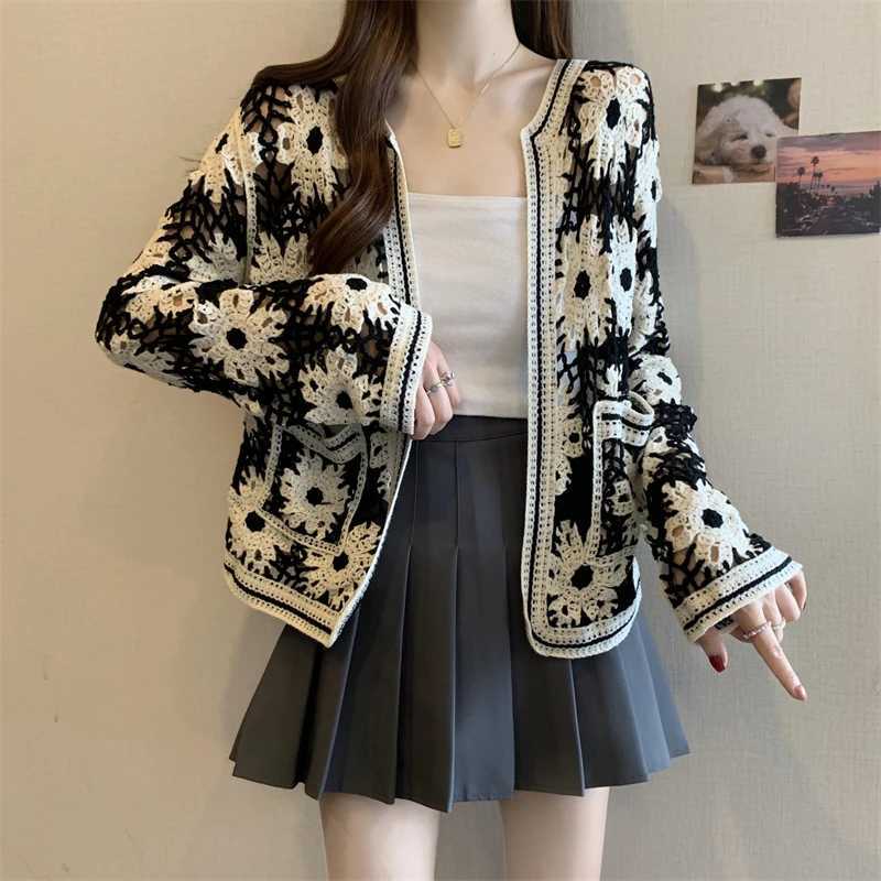 Daisy Crochet Cardigan for Women Openwork Long Sleeve Open Front Knitted Jacket Vintage Festival OutfitT251125