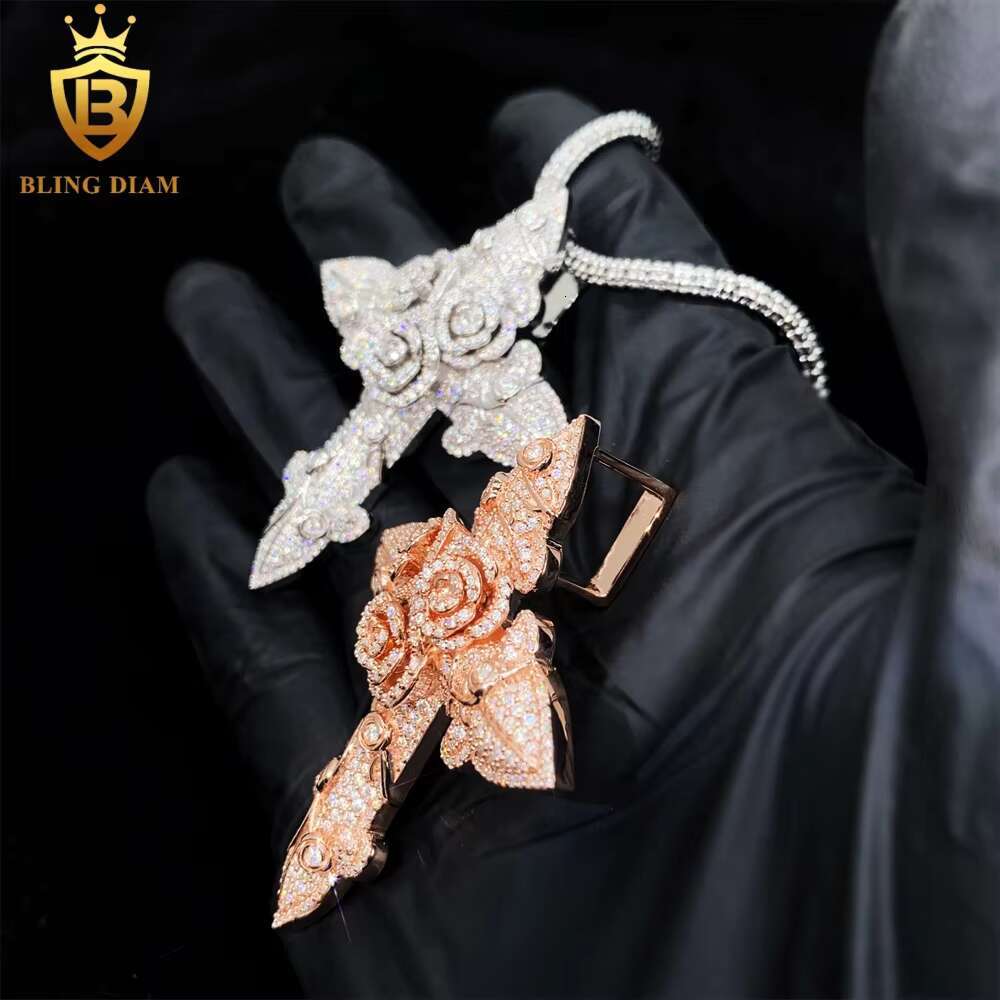 In Stock Fashion Hip Hop Jewelry Rose Flower Cross Pendant Necklace VVS Moissanite 925 Sterling Silver