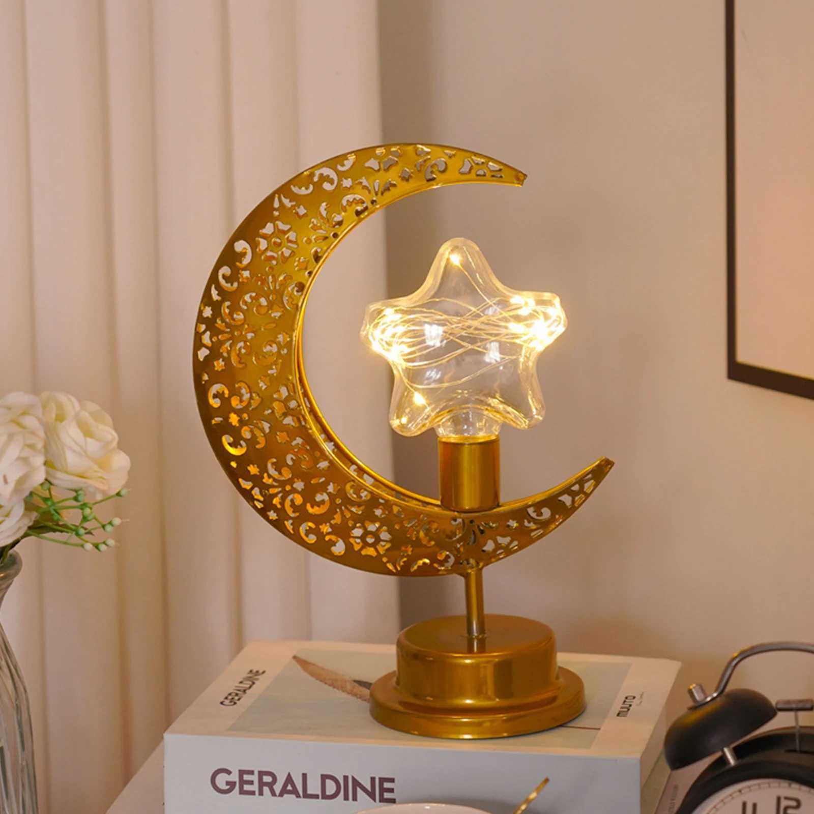 Moon Star Modeling Table Lamp Ramadan Hollow Moon Festival Atmosphere Lamp Battery Powered LED Night Lights for Home BedroomM251125