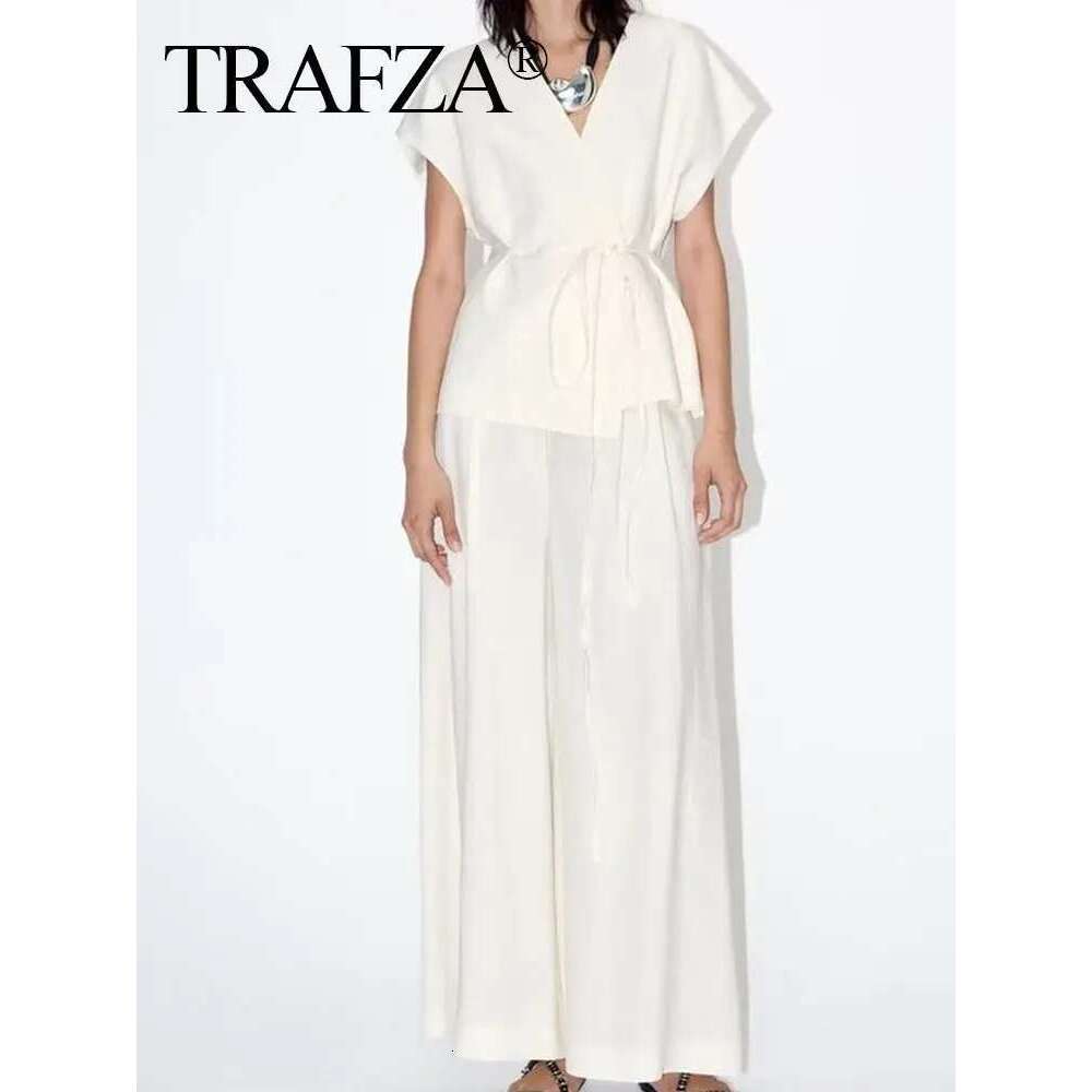 TRAFZA Women Solid 2 Piece Elegant Lace Up Vest Pants Sets V Neck Sleeveless Blouse Wide Leg Trousers 2024 Office Lady Outfits