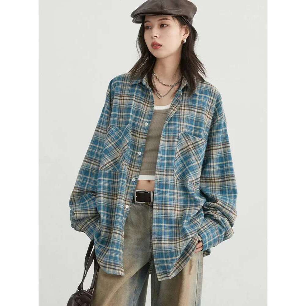 CHIC VEN Women's Cotton Shirt Single Breasted Loose New Retro Color Blocked Grid Female Blouses Autumn Spring 2024