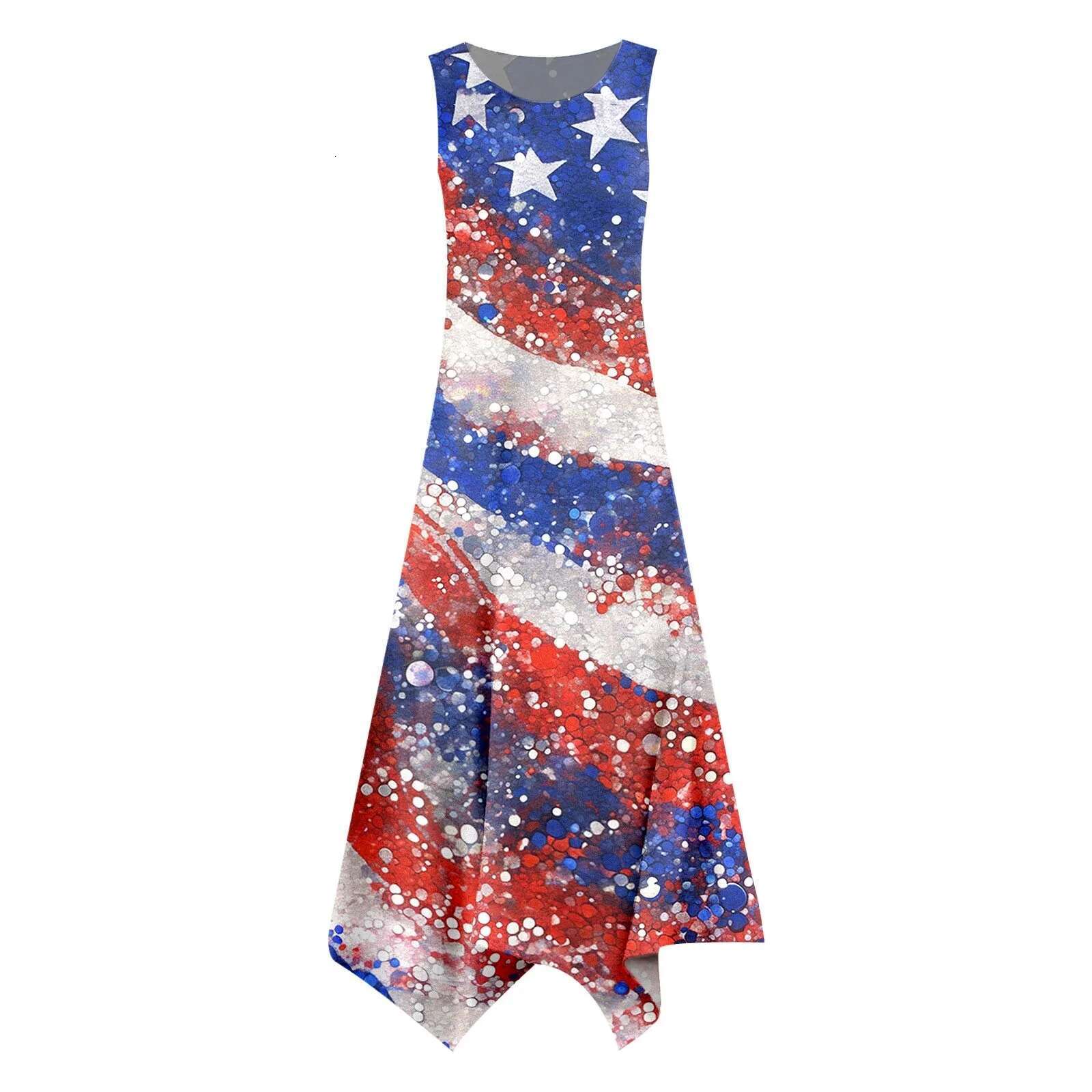 Dongdumaoyi Women S Fashion Spring Summer Independence Day Print Dresses Retro Irregular Hem Round Neck Sleeveless Pocket Casual Dress