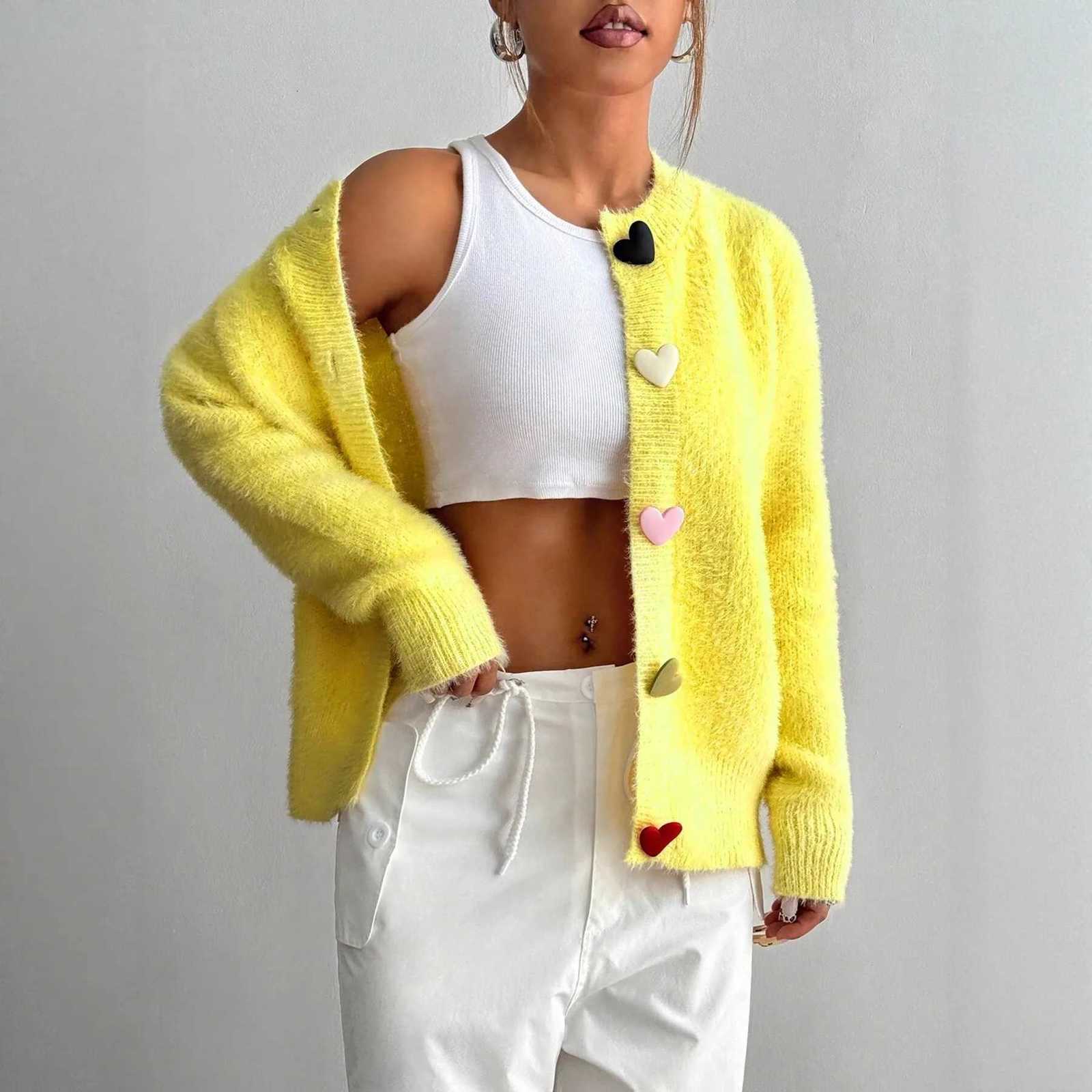Autumn Winter Fashion Yellow Cardigan Women Heart Button Long Sleeve Knit Sweater OuterwearsT251125