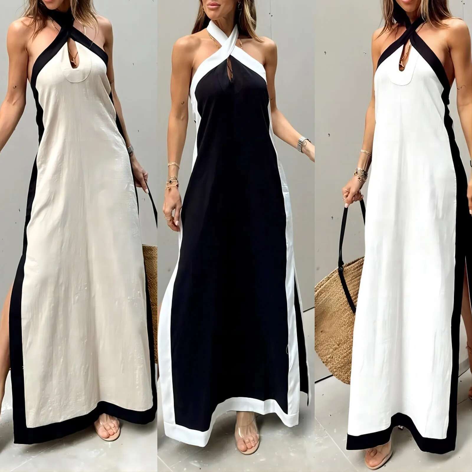 Dongdumaoyi Women V Neck Cut Out Sling Maxi Dresses Fashion Stripe Backless Loose Hem Long Dress Elegant Summer Casual Office Outfits
