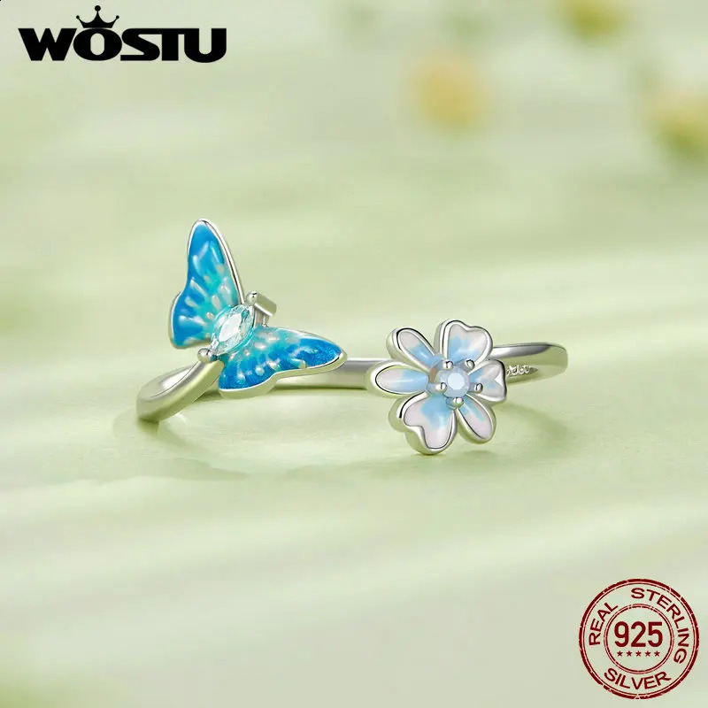 WOSTU 925 Sterling Silver Spring Jewelry Dragonfly Multi Color CZ Open Rings Women Butterfly Enamel Ring Birthday Party Gift 250425