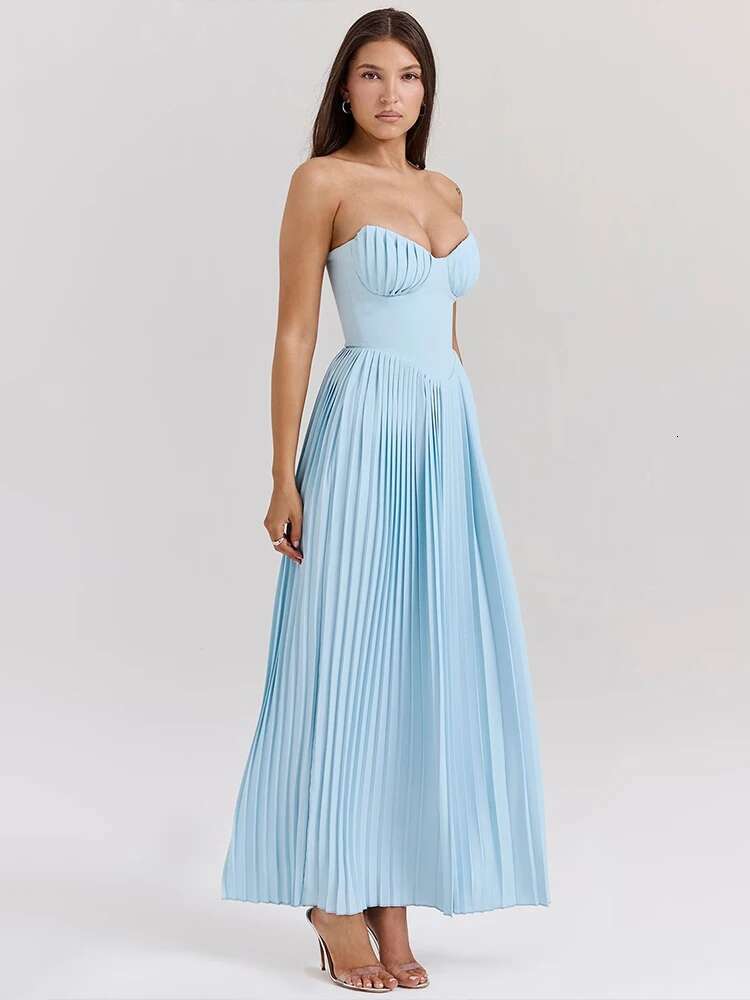 Dongdumaoyi Townlike Pleated Waist Wrap A Line Dress Women Strapless Summer Elegant Maxi Long Backless Sexy Party Dresses