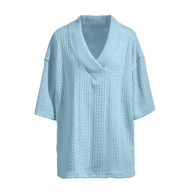 Mens casual knitted Tshirt for summer loose fit plus size semi long sleeved svCollar sport solid color jacquard 250417