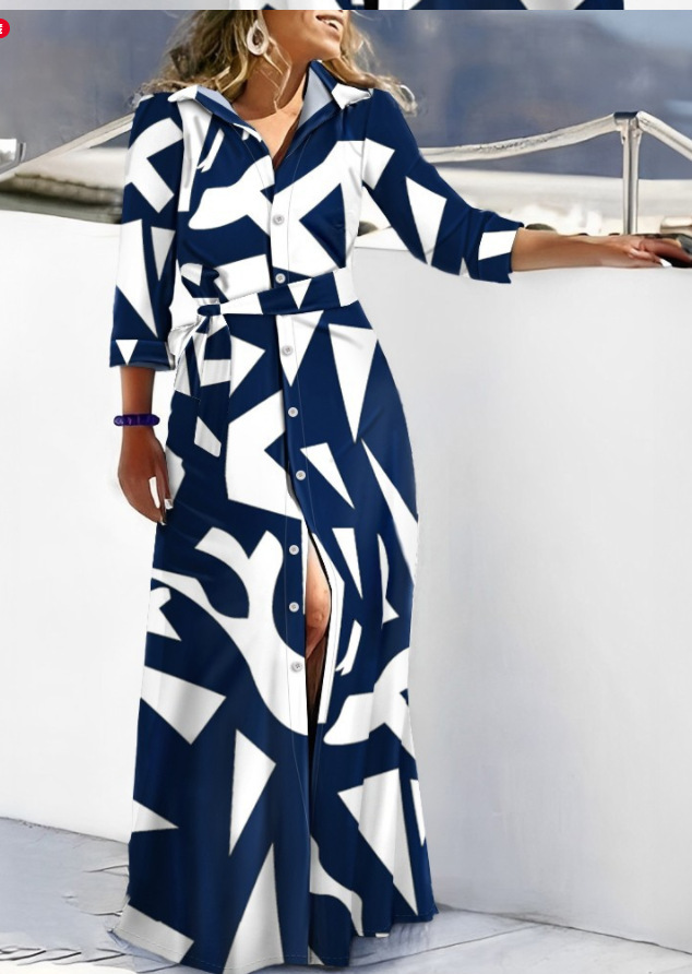 2023 autumn new fashionable long sleeved printed shirt skirt long dress for women