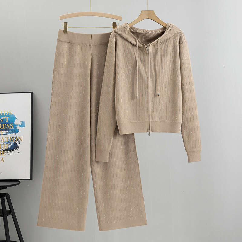 Womens Wide Leg Pants Hooded Knit Cardigan Two-piece Set Womens Autumn Fashion Loose Casual Hot Diamond Set New Pattern Popular New Arrival New Produc