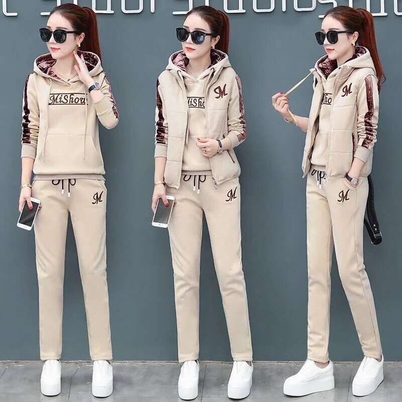 2024 Autumn Winter New Women's Casual Sweat Suit Fashion Plush Thickened Hooded Tops Waistcoat Pants 3 Three Piece Set For Women