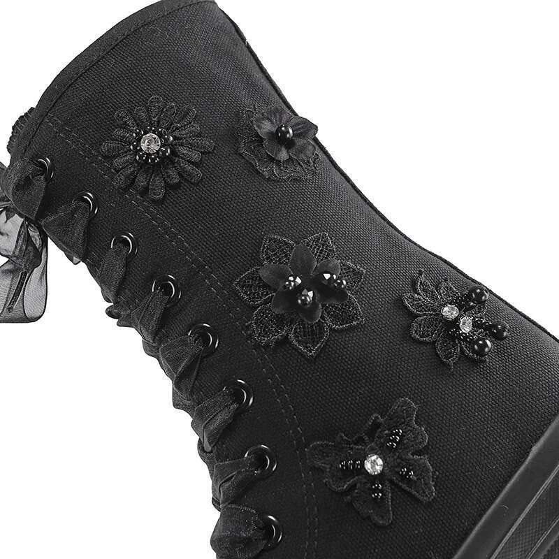 Spring medium-sized color lace-up pearl flower canvas shoes casual soft sole flat inner heightening couple large size women shoe