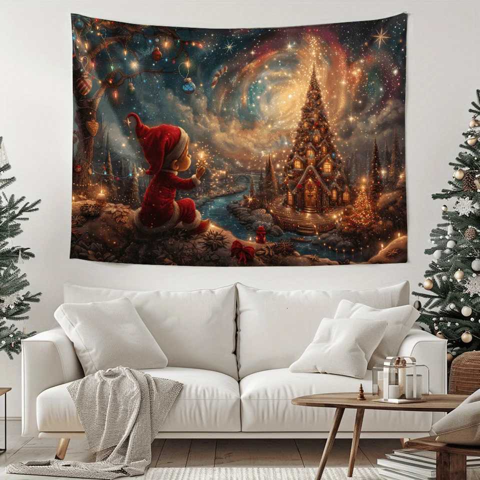 VIKAMA Christmas Elf Tapestry Dreamy Elves Sparkling Christmas Tree Starry Sky Living Room DecorationM251125