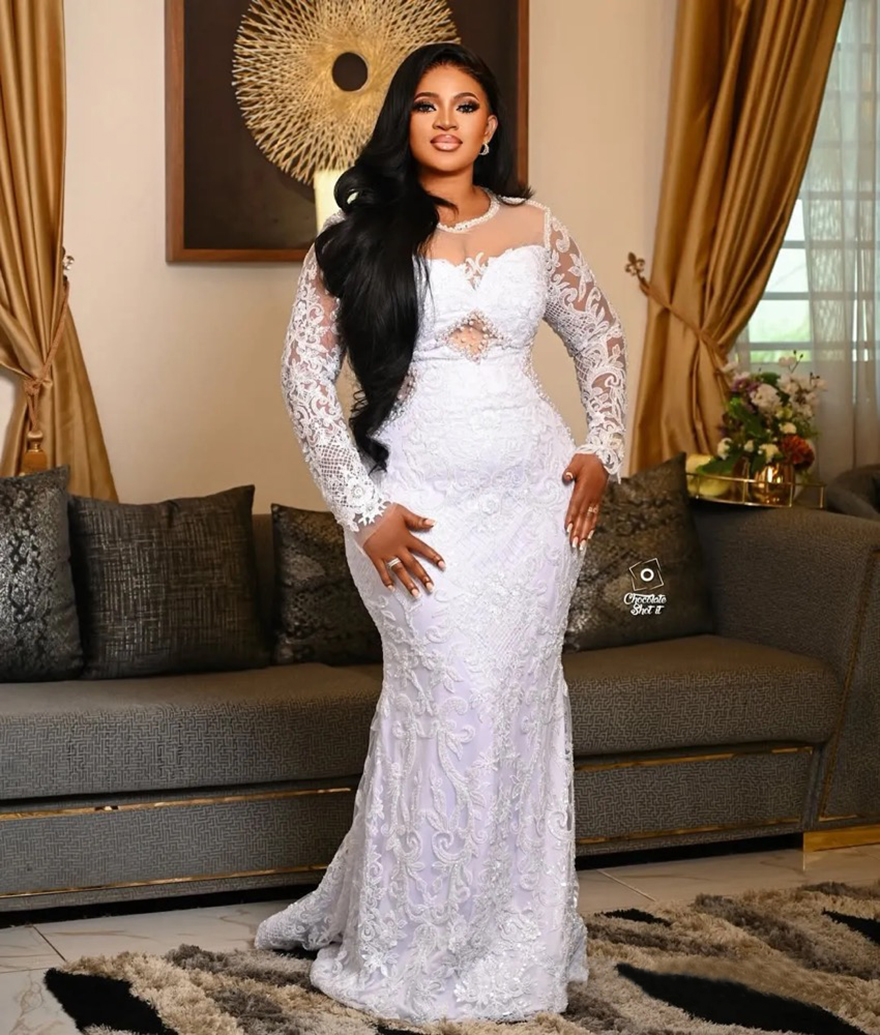 2025 Plus Size African Mermaid Wedding Dress Bridal Gowns For Bride Illusion Sheer Neck Long Sleeves Beaded Lace Rhinestones Wedding Gowns For Black W