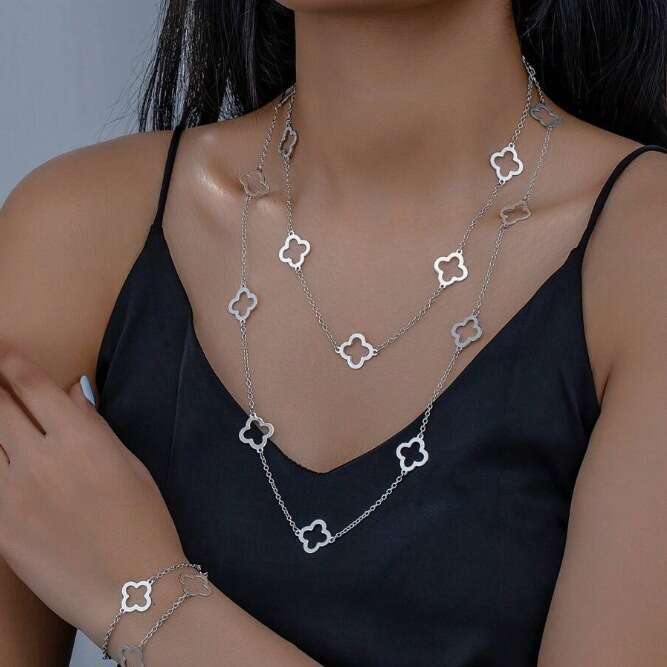 Fashion Trend Hollow Four-Leaf Flower Long Body for Women Simple Versatile Elegant Necklace