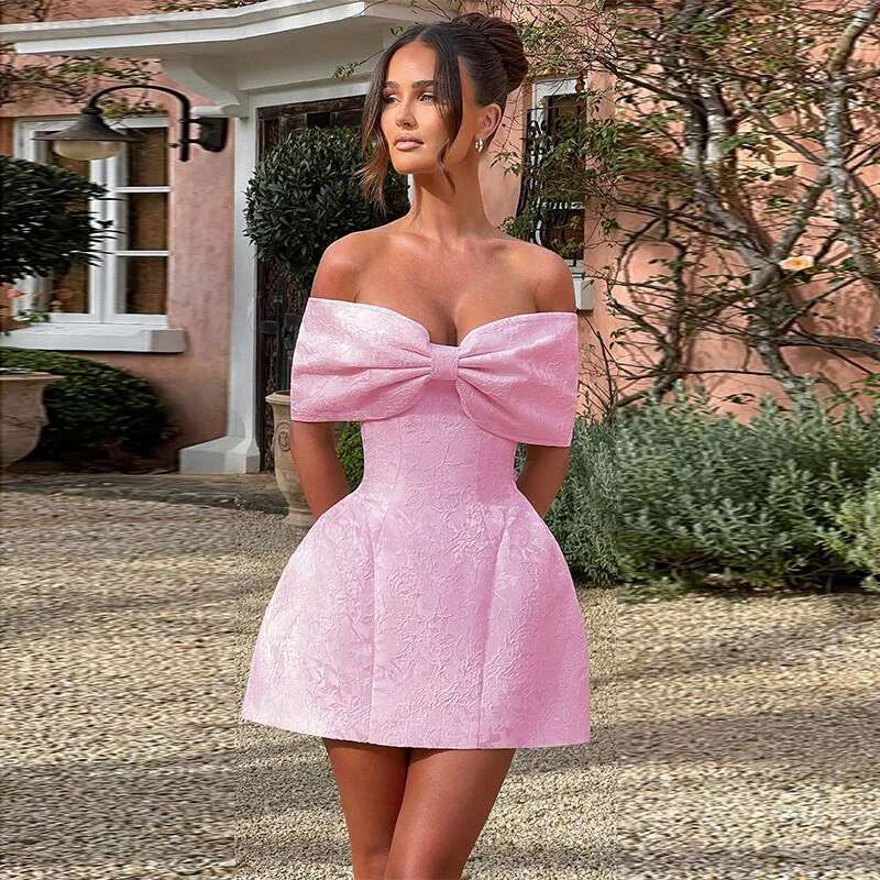 Dongdumaoyi Townlike Jacquard Elegant Waist Wrap A Line Dress Women Mini Spring Summer Bow Backless Sexy Party Dresses