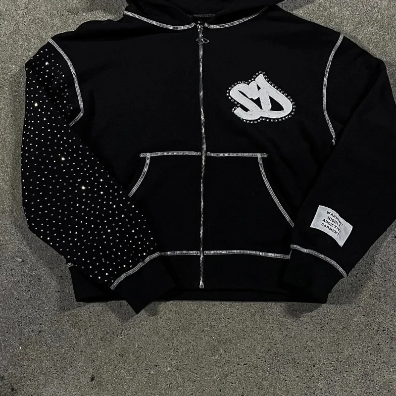 Y2k streetwear retro mens embroidery personalized diamond super large hooded mens Harajuku Gothic casual sportswear 250422