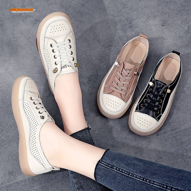 Women Flat Summer Breathable Cutout Casual Ladies Soft Bottom Genuine Leather Flats White Shoes Woman ddmykukumalu