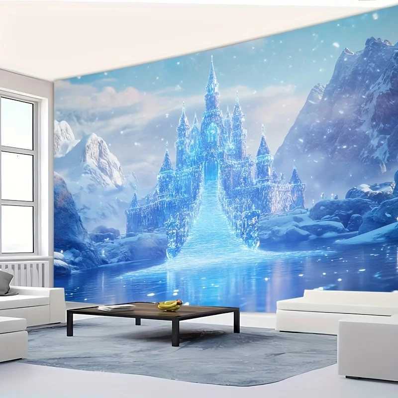 VIKAMA Ice Castle Tapestry Nordic Style Blue Glow Snowy Lake Background Wall Decor Christmas Winter Room DecorM251125