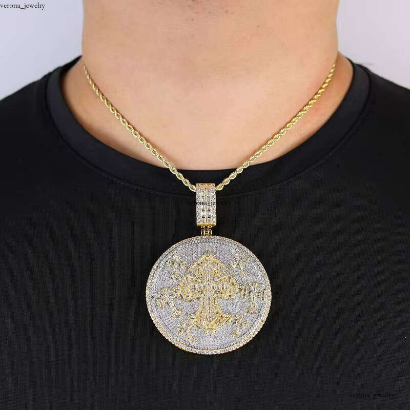 Ice out VVS Moissanite In Stock Heavy Round Pendant Layered Seven Cross Two-tone Fashionable Men's Hip-hop Jewelry Necklace
