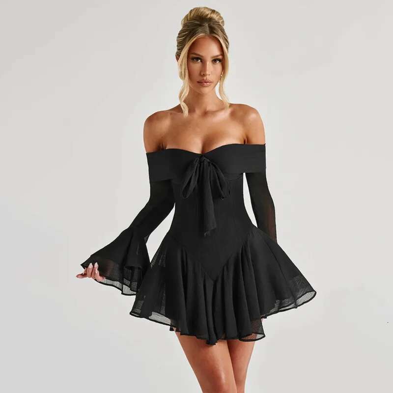 Dongdumaoyi Townlike Waist Wrap A Line Dress Women Off Shoulder Mini Autumn Winter Bow Chiffon Nightclub Sexy Party Dresses