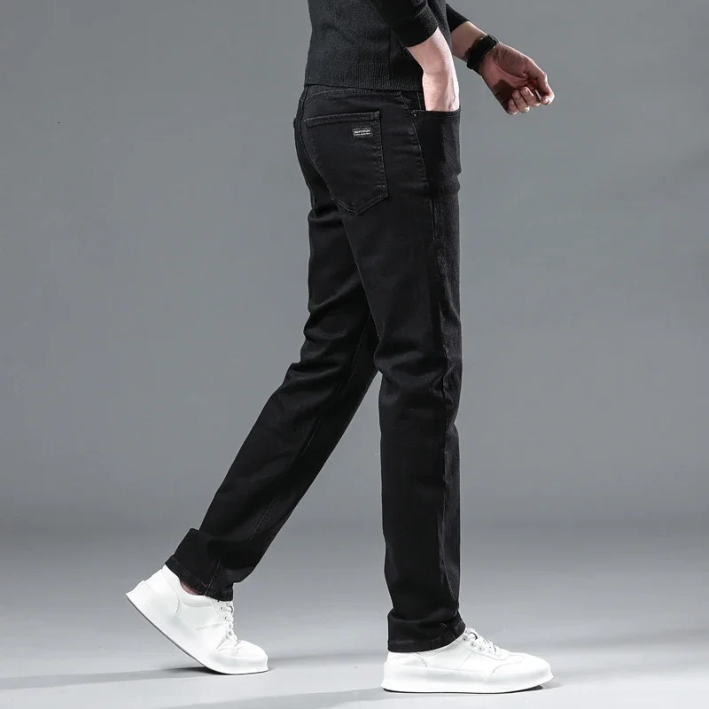 Fleece Jeans Winter Men Black Straight Stretch Denim Thick Velvet Pants Warm Casual Line Trousers Male Plus Size 251124