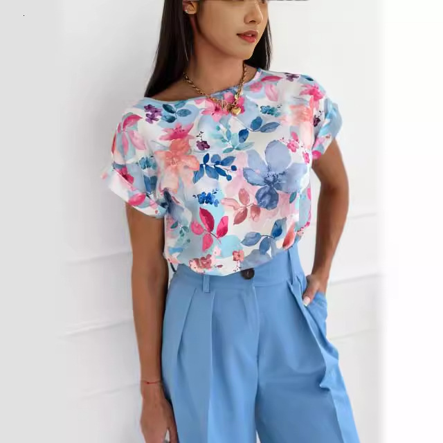 2024 Summer Simple Fashion Printed Round Neck Loose Shirt Womens Top