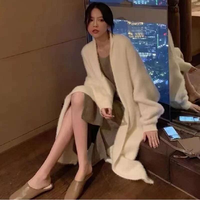 White Long Cardigan For Women 2024 New Winter Clothes Knitted Fluffy Long Sleeve Cashmere Sweater Coat Korean Style Warm Vintage