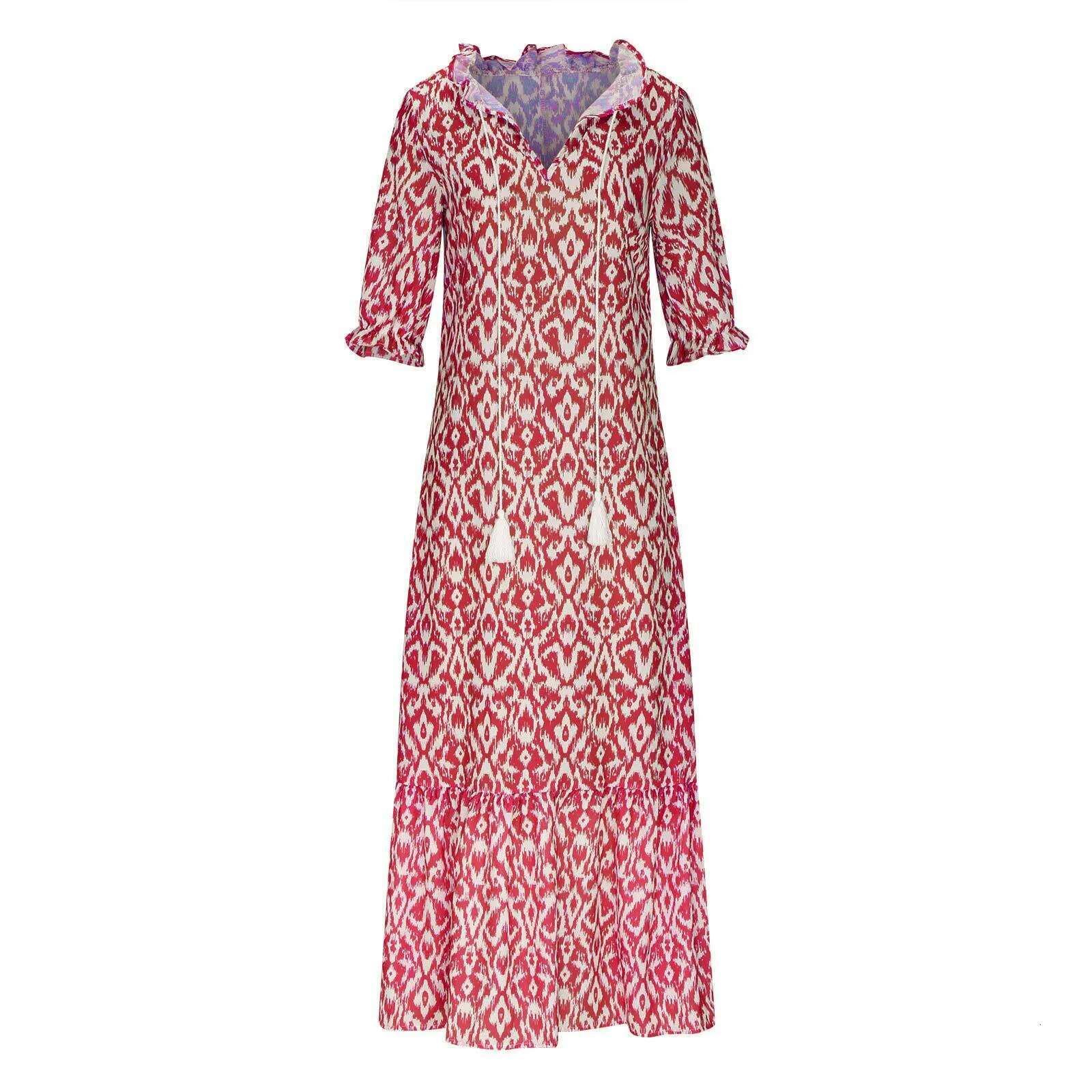 Dongdumaoyi Women Summer Half Sleeve Boho Party Dress Elegant V Neck Tassel Ruffle Long Spring Casual Floral Print Office Dresses