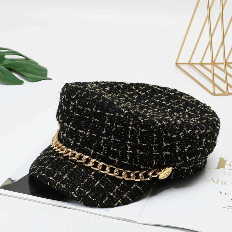 Autumn Winter Pearl Chain Flat Top Navy Hat Fashion Beret Newsboy Caps Berret Woman Octagonal Hats Womens Designer Apparel J251125