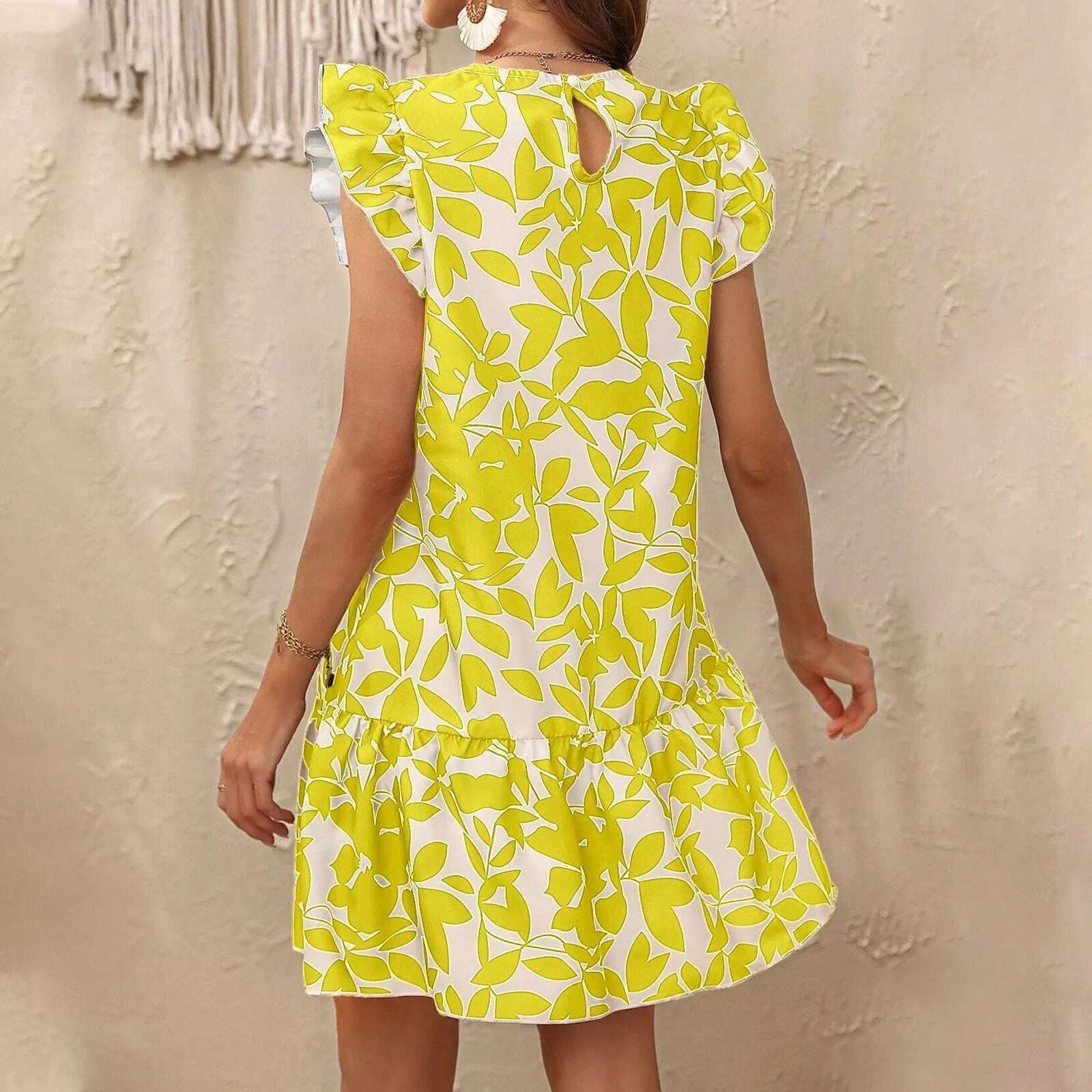 Dongdumaoyi Elegant O Neck Print Ruffles A Line Dress Women Summer Sleeveless Bohemian Sundress Casual Loose Party Knee Length Beach